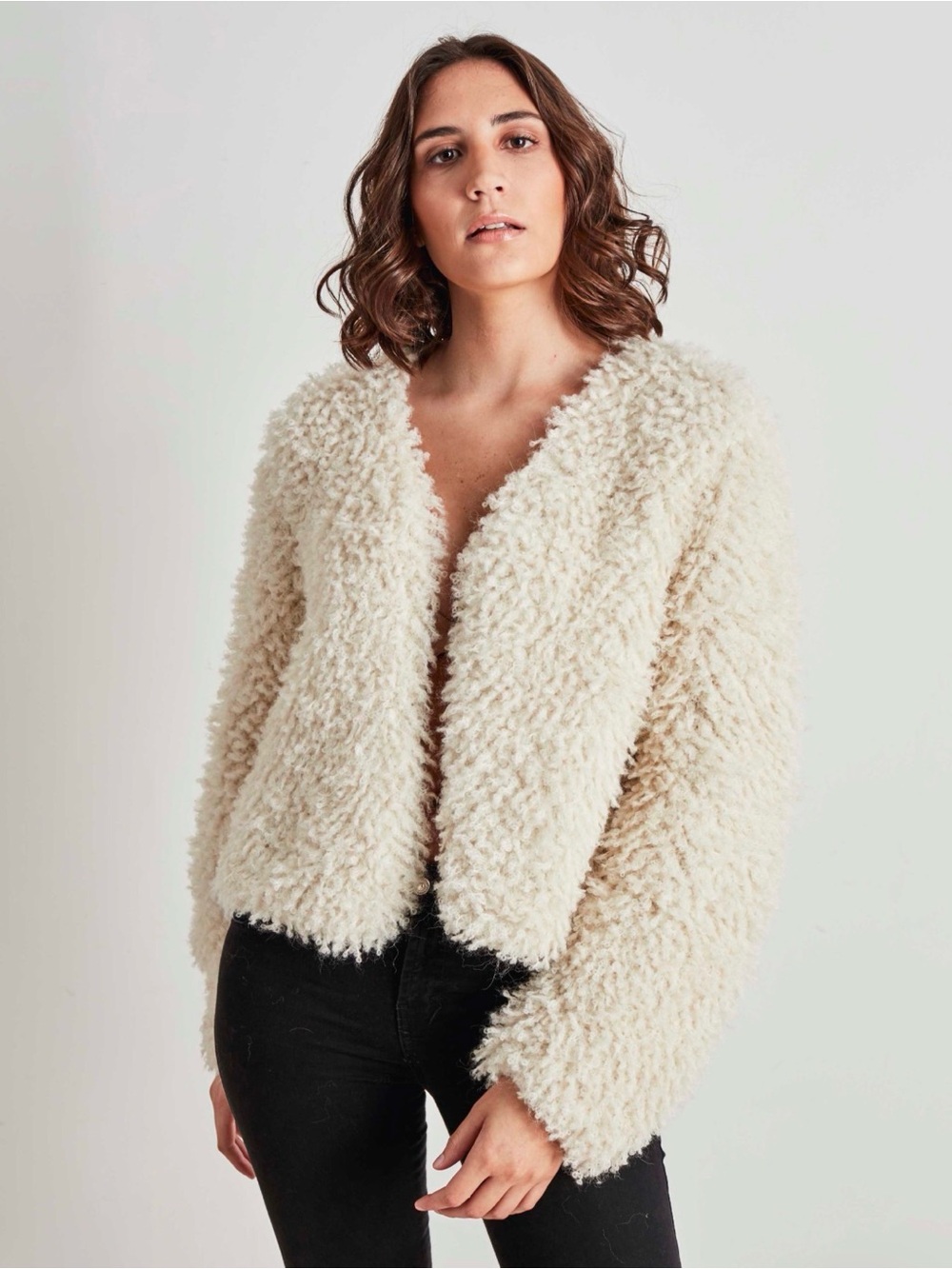 MIA Peru Mini Medusa Alpaca Blend Cozy Cream Shag Open-Front Cardigan One Size